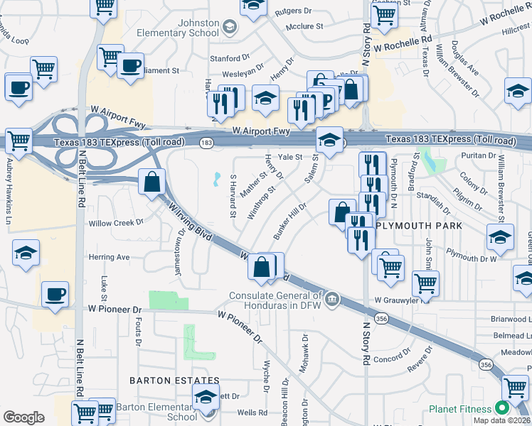 map of restaurants, bars, coffee shops, grocery stores, and more near 1829 Salem St in Irving