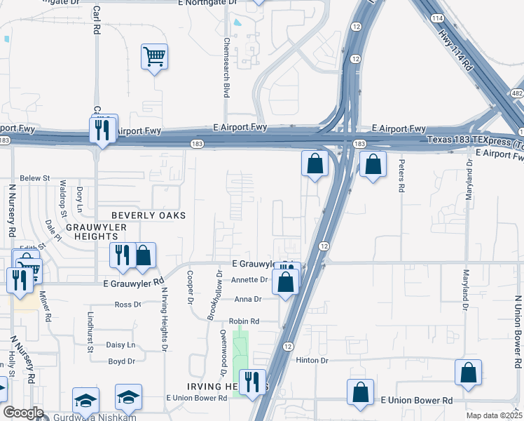 map of restaurants, bars, coffee shops, grocery stores, and more near 1818 Voirin Road in Irving