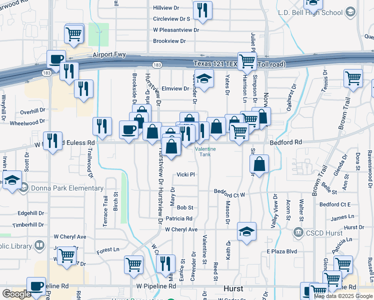 map of restaurants, bars, coffee shops, grocery stores, and more near 421 West Bedford Euless Road in Hurst