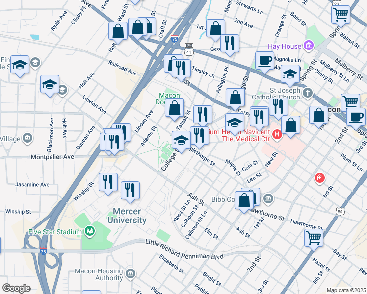 map of restaurants, bars, coffee shops, grocery stores, and more near 1106 College Street in Macon