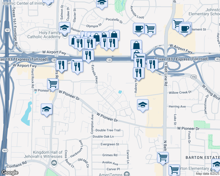 map of restaurants, bars, coffee shops, grocery stores, and more near 2006 Estrada Parkway in Irving