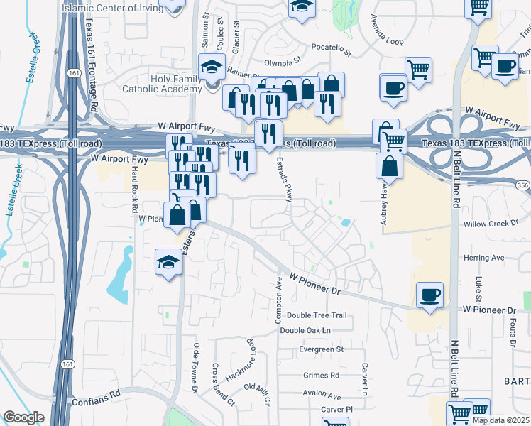map of restaurants, bars, coffee shops, grocery stores, and more near 2119 Estrada Oaks in Irving