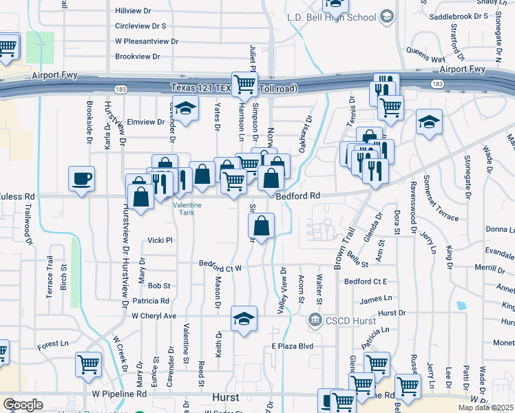 map of restaurants, bars, coffee shops, grocery stores, and more near 1228 Simpson Drive in Hurst