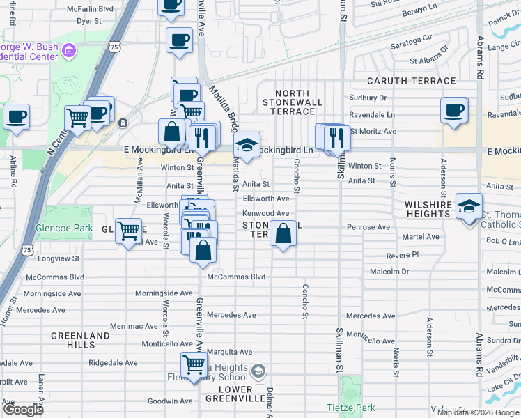map of restaurants, bars, coffee shops, grocery stores, and more near 5829 Kenwood Avenue in Dallas