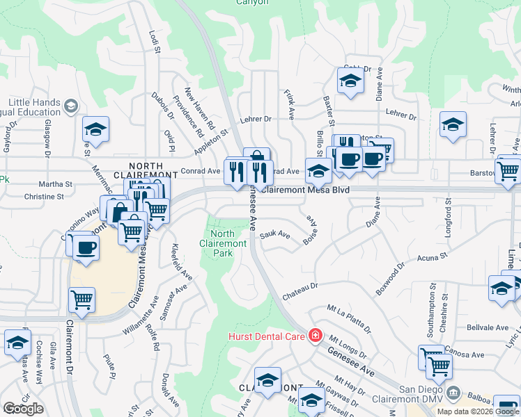 map of restaurants, bars, coffee shops, grocery stores, and more near 4509 Manitou Way in San Diego
