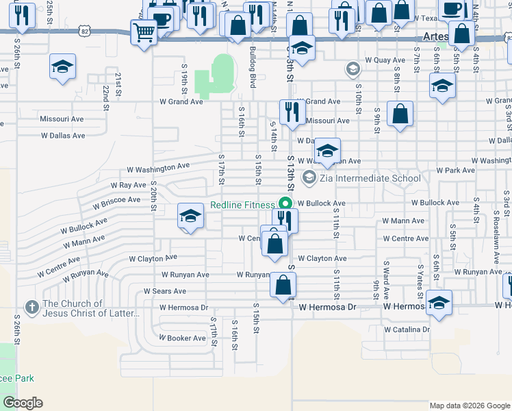 map of restaurants, bars, coffee shops, grocery stores, and more near 1502 West Bullock Avenue in Artesia