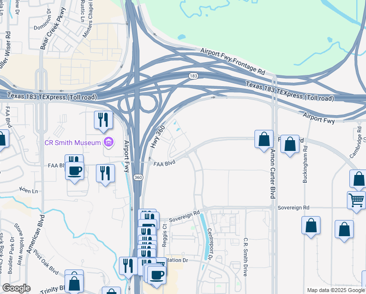 map of restaurants, bars, coffee shops, grocery stores, and more near 14251 FAA Boulevard in Fort Worth