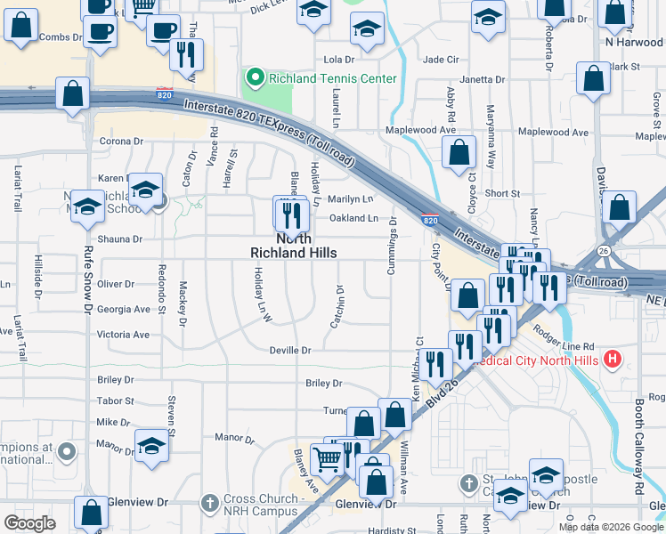 map of restaurants, bars, coffee shops, grocery stores, and more near 7224 Riviera Dr in Fort Worth