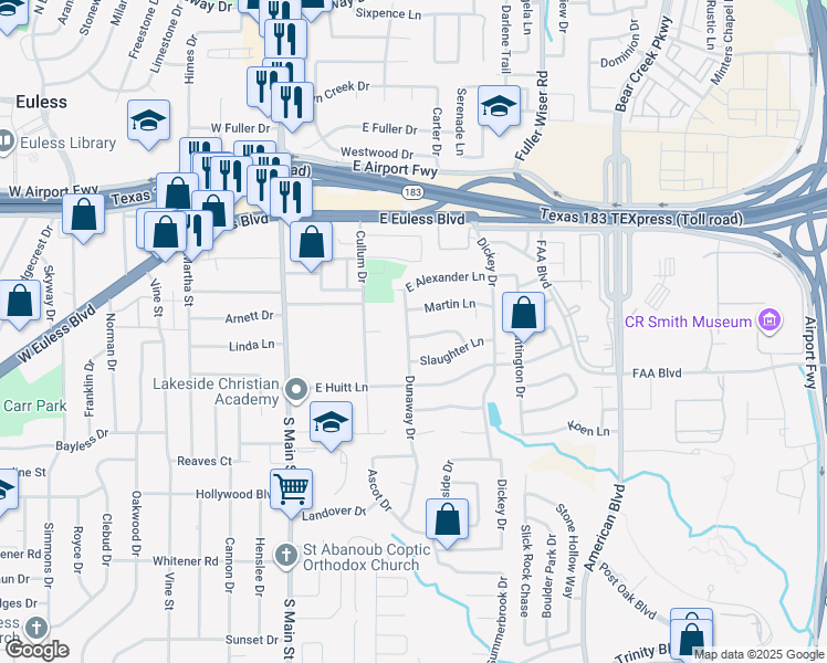 map of restaurants, bars, coffee shops, grocery stores, and more near 401 John Vernon Lane in Euless