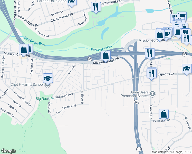 map of restaurants, bars, coffee shops, grocery stores, and more near 8633 Amherst Street in Santee