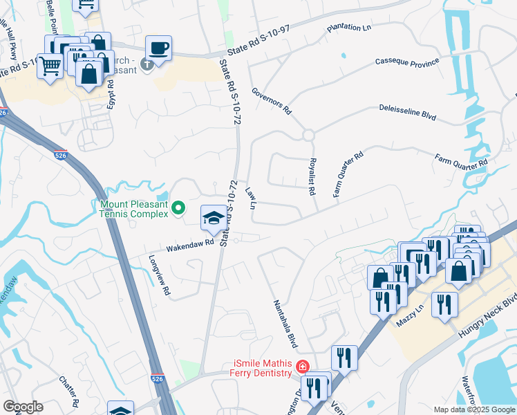 map of restaurants, bars, coffee shops, grocery stores, and more near 1002 Colonial Drive in Mount Pleasant