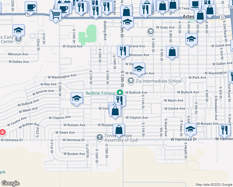 map of restaurants, bars, coffee shops, grocery stores, and more near 1308 W Bullock Ave in Artesia