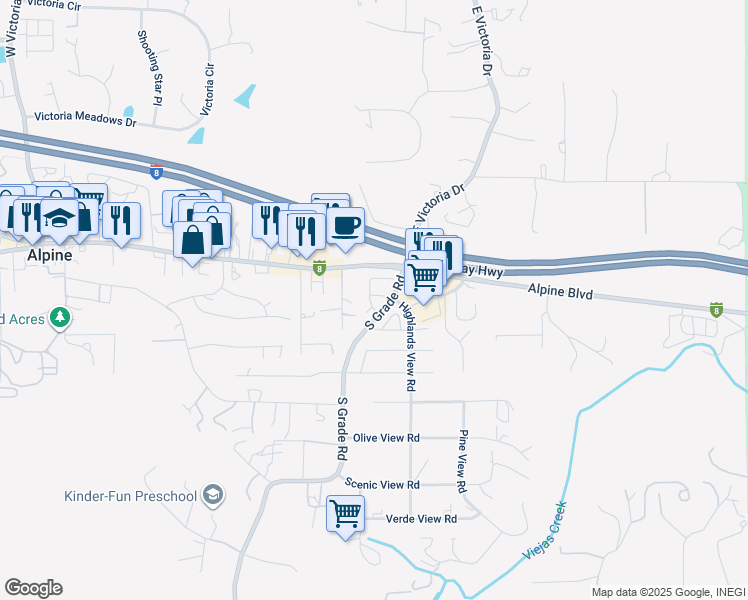 map of restaurants, bars, coffee shops, grocery stores, and more near 2951 River Shadow Court in Alpine