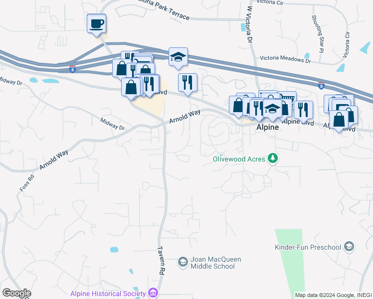 map of restaurants, bars, coffee shops, grocery stores, and more near 1539 Tavern Road in Alpine