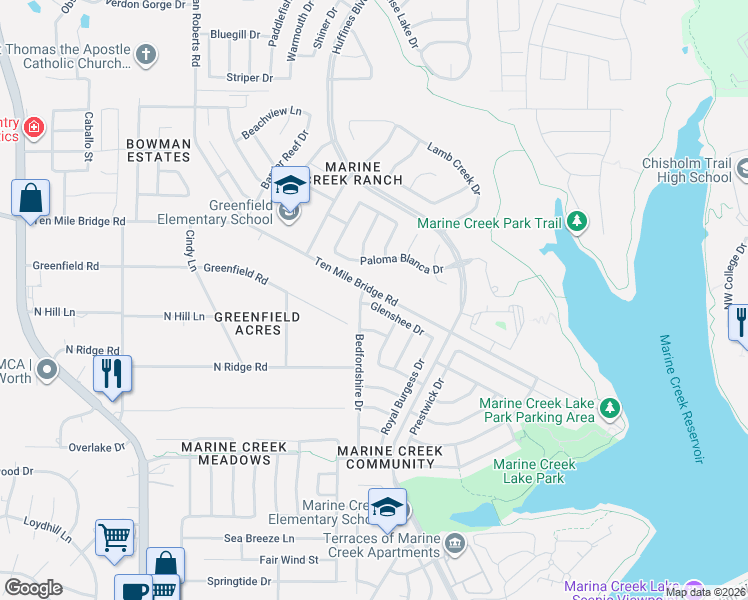 map of restaurants, bars, coffee shops, grocery stores, and more near 5808 Glenshee Drive in Fort Worth