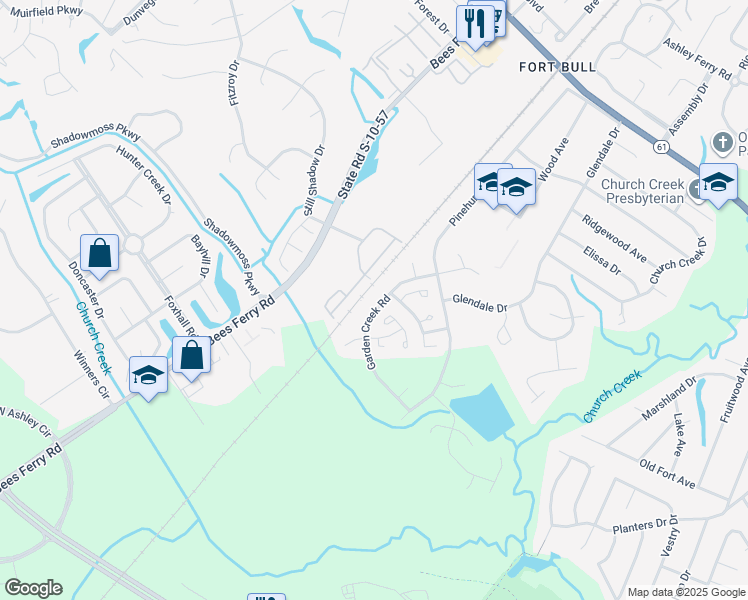 map of restaurants, bars, coffee shops, grocery stores, and more near 2802 Garden Creek Road in Charleston