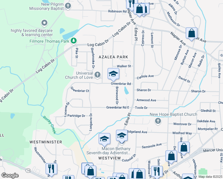 map of restaurants, bars, coffee shops, grocery stores, and more near 3522 Greenbriar Road in Macon
