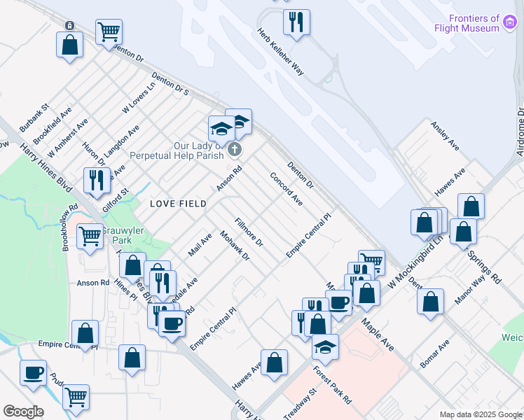 map of restaurants, bars, coffee shops, grocery stores, and more near 7302 Thurston Drive in Dallas