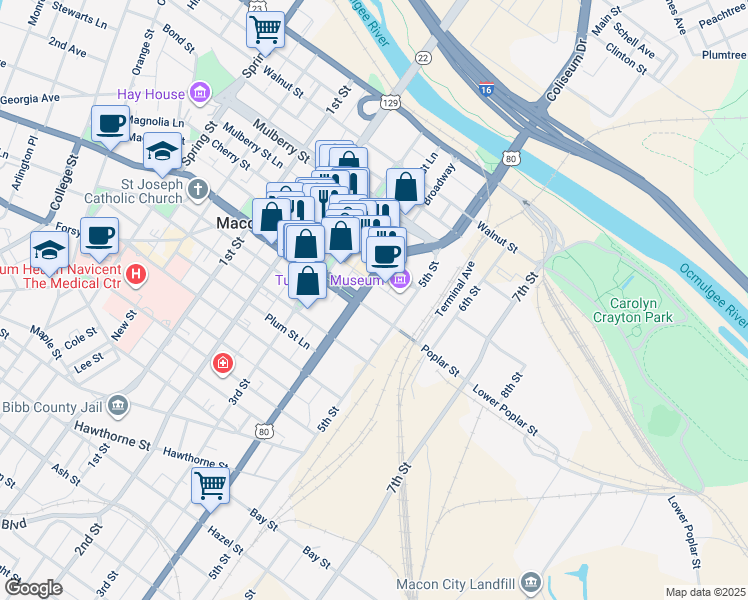 map of restaurants, bars, coffee shops, grocery stores, and more near 494 Martin Luther King Junior Boulevard in Macon