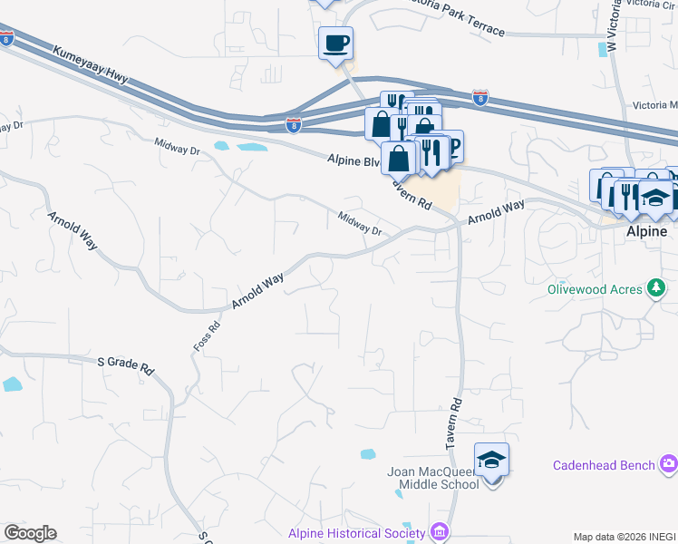map of restaurants, bars, coffee shops, grocery stores, and more near 1511 Alpine Terrace Road in Alpine