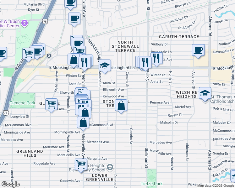 map of restaurants, bars, coffee shops, grocery stores, and more near 5903 Kenwood Avenue in Dallas