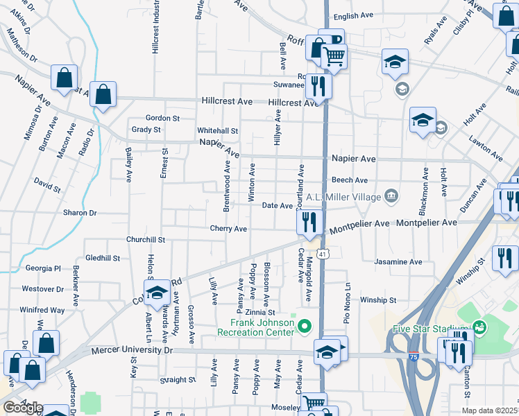 map of restaurants, bars, coffee shops, grocery stores, and more near 2734 Date Avenue in Macon