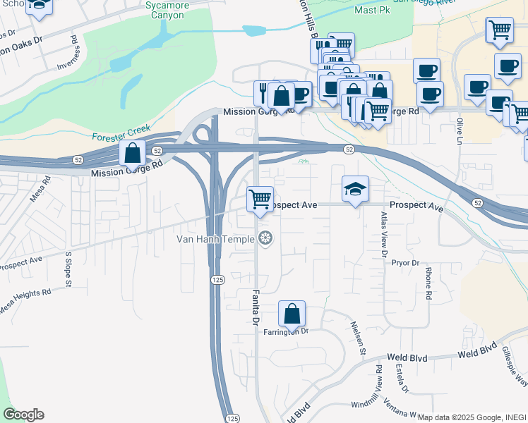 map of restaurants, bars, coffee shops, grocery stores, and more near 8687 Fanita Drive in Santee