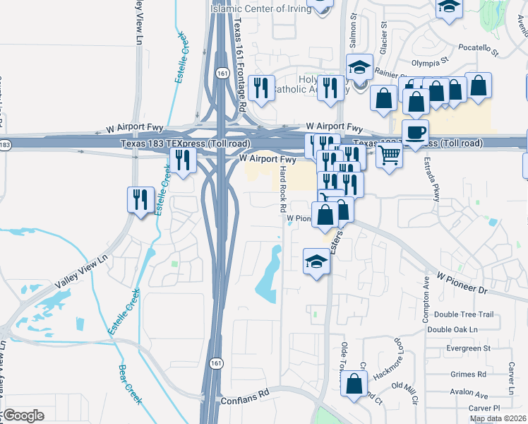 map of restaurants, bars, coffee shops, grocery stores, and more near 4440 Beaver Lane in Irving