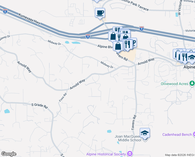 map of restaurants, bars, coffee shops, grocery stores, and more near 1534 Alpine Terrace Road in Alpine