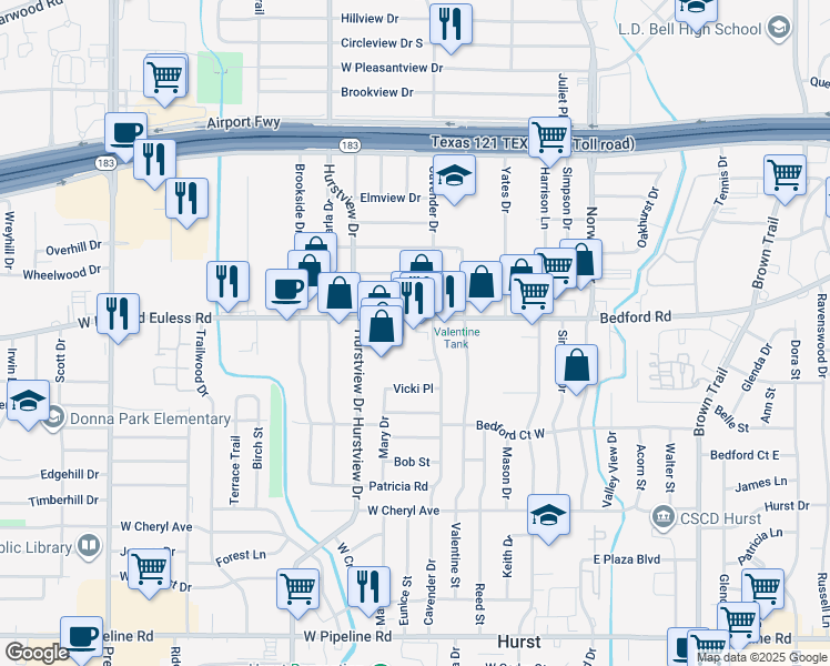 map of restaurants, bars, coffee shops, grocery stores, and more near 421 West Bedford Euless Road in Hurst