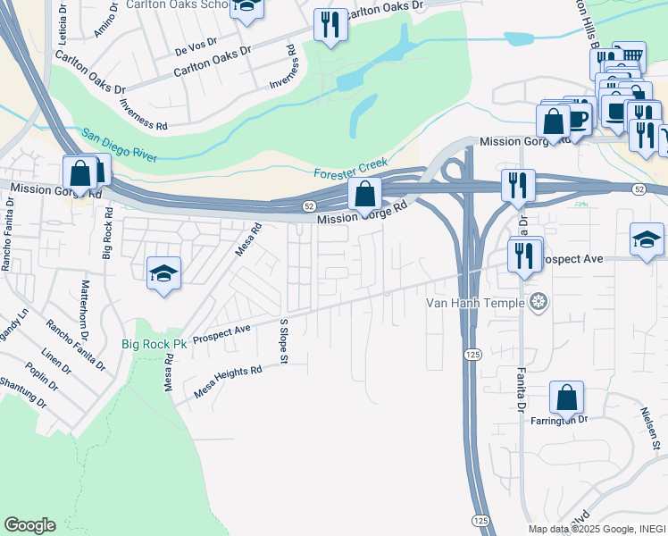 map of restaurants, bars, coffee shops, grocery stores, and more near 8600 Amherst Street in Santee