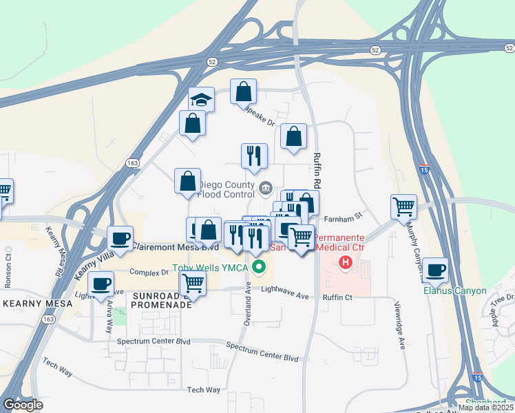 map of restaurants, bars, coffee shops, grocery stores, and more near 5500 Overland Avenue in San Diego
