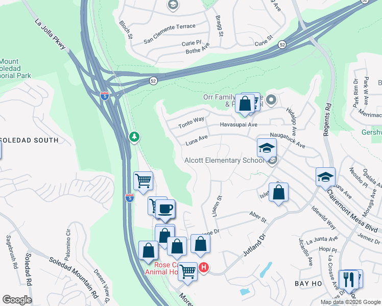 map of restaurants, bars, coffee shops, grocery stores, and more near 4793 Leathers Street in San Diego