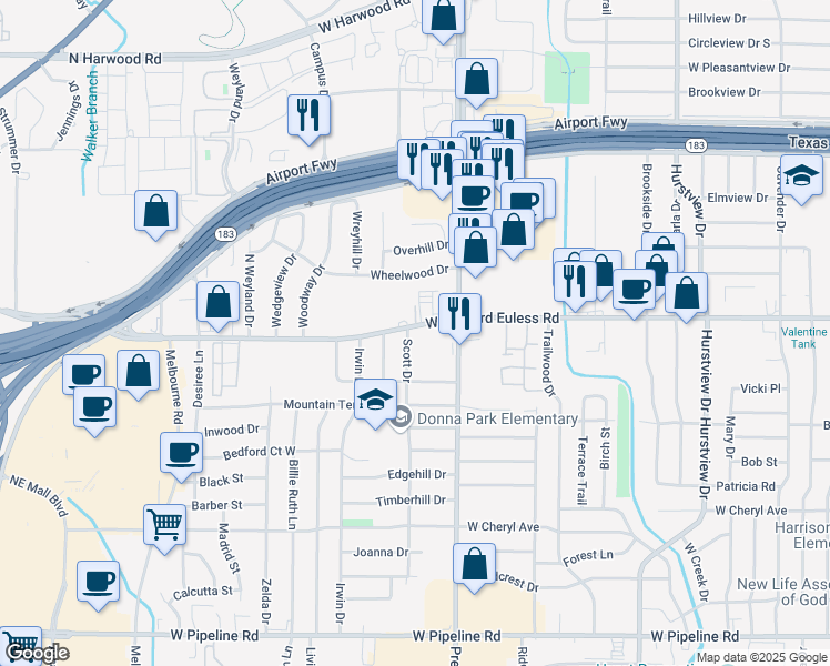 map of restaurants, bars, coffee shops, grocery stores, and more near 6 Scott Drive in Hurst