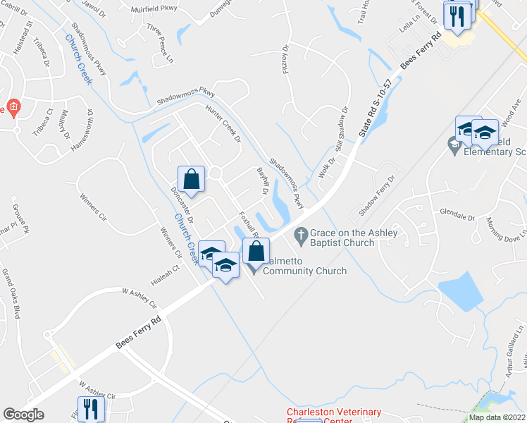 map of restaurants, bars, coffee shops, grocery stores, and more near 2953 Innisbrook Court in Charleston