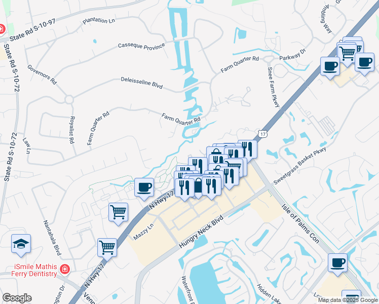 map of restaurants, bars, coffee shops, grocery stores, and more near 1879 Montclair Drive in Mount Pleasant