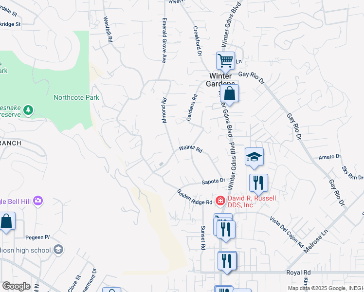 map of restaurants, bars, coffee shops, grocery stores, and more near 11826 Walnut Road in Lakeside