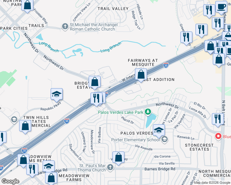 map of restaurants, bars, coffee shops, grocery stores, and more near 990 Interstate 30 Frontage Road in Mesquite