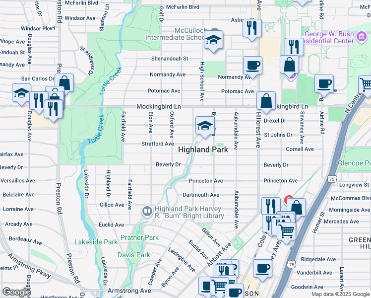 map of restaurants, bars, coffee shops, grocery stores, and more near 3641 Stratford Avenue in Dallas