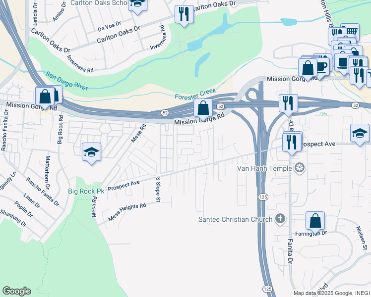 map of restaurants, bars, coffee shops, grocery stores, and more near 8633 Amherst Street in Santee