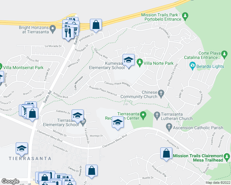 map of restaurants, bars, coffee shops, grocery stores, and more near 10932 Avenida Playa Veracruz in San Diego