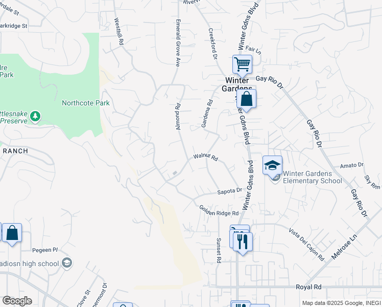 map of restaurants, bars, coffee shops, grocery stores, and more near 11826 Walnut Road in Lakeside