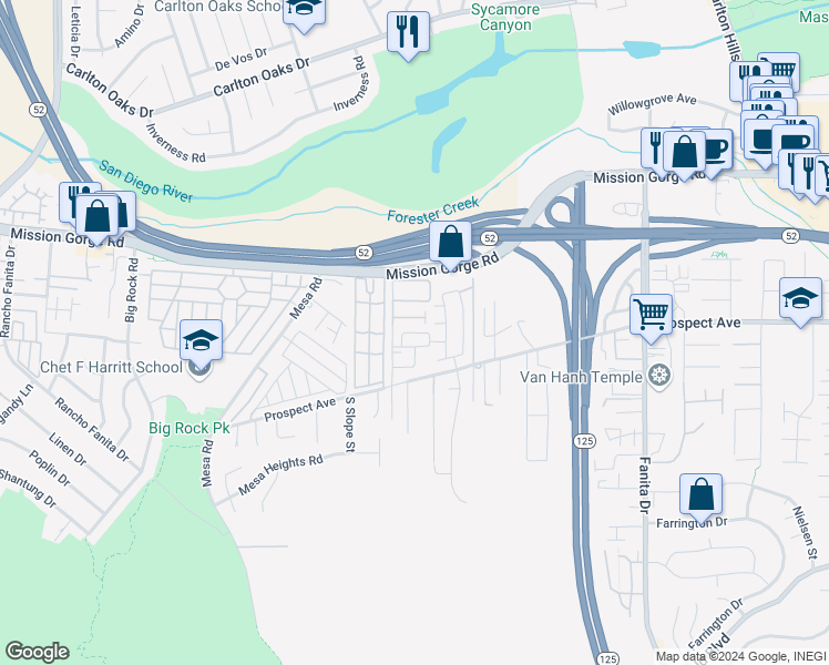 map of restaurants, bars, coffee shops, grocery stores, and more near Amherst Street in Santee