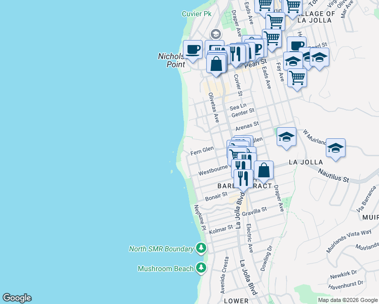 map of restaurants, bars, coffee shops, grocery stores, and more near 305 Fern Glen in San Diego