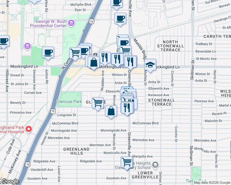 map of restaurants, bars, coffee shops, grocery stores, and more near 5536 Ellsworth Avenue in Dallas