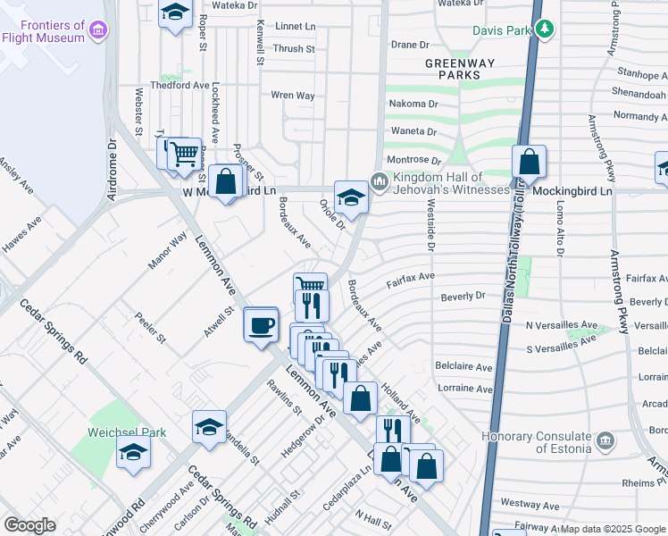 map of restaurants, bars, coffee shops, grocery stores, and more near in Dallas