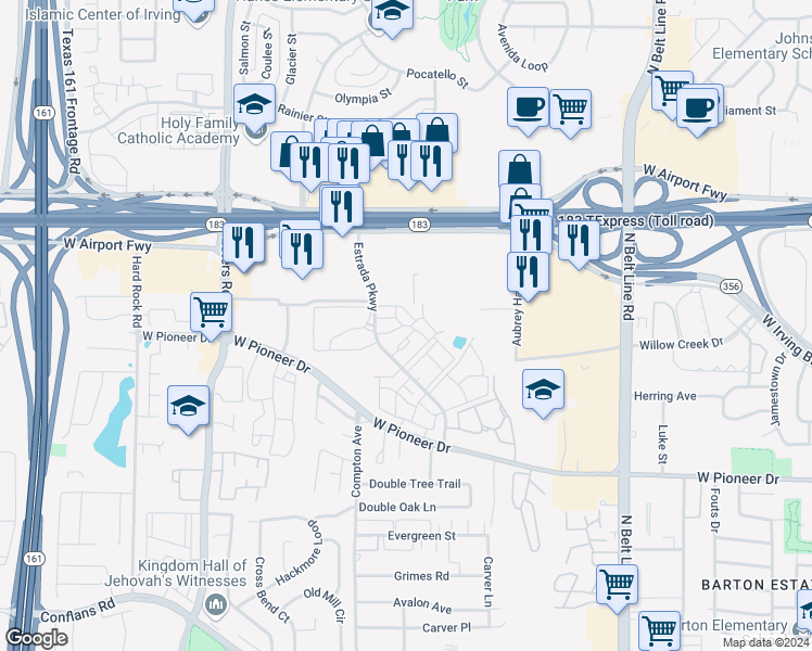map of restaurants, bars, coffee shops, grocery stores, and more near 2006 Estrada Parkway in Irving