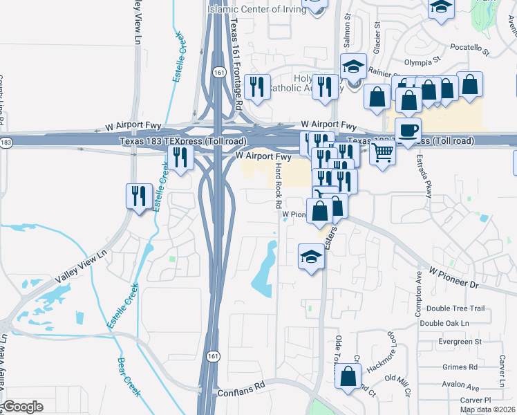 map of restaurants, bars, coffee shops, grocery stores, and more near 4440 Beaver Lane in Irving