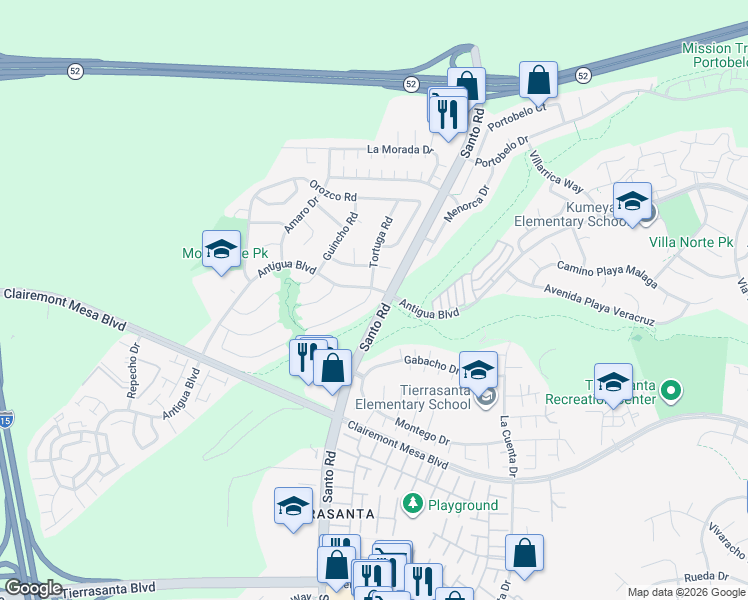 map of restaurants, bars, coffee shops, grocery stores, and more near 5687 Tortuga Court in San Diego