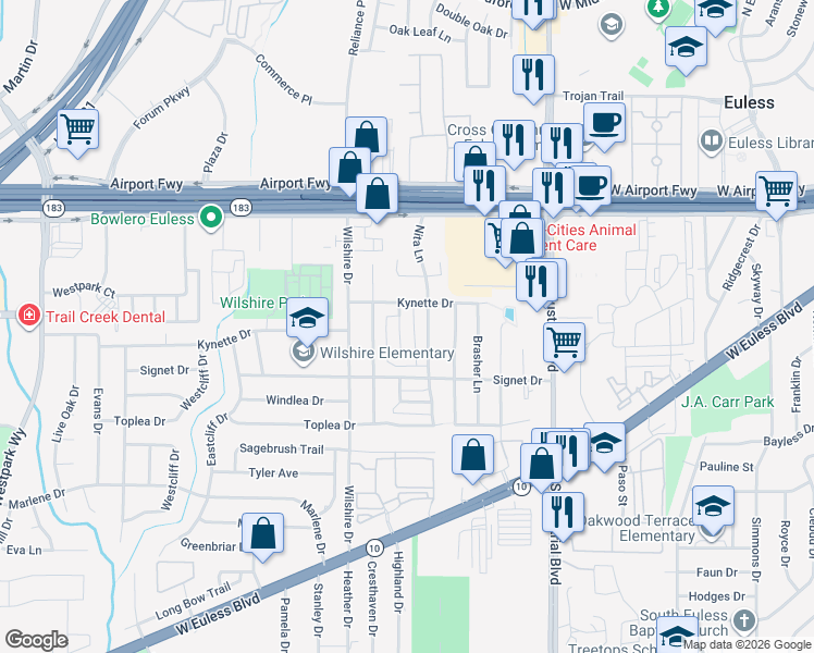 map of restaurants, bars, coffee shops, grocery stores, and more near 315 Crowe Drive in Euless